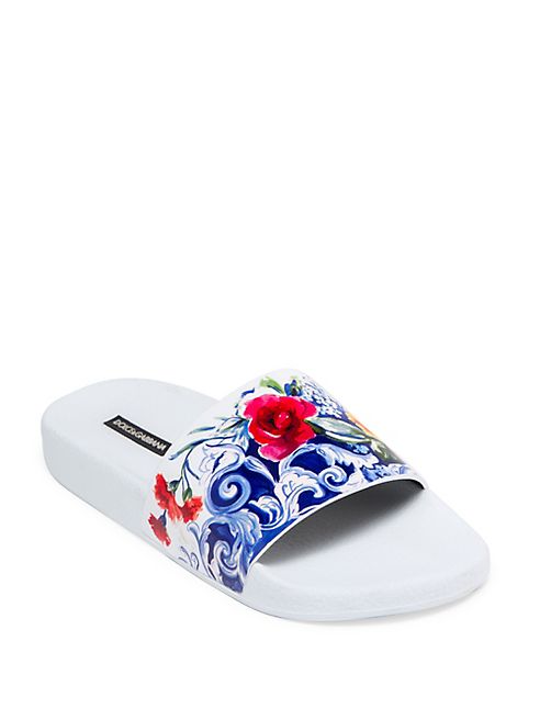 Dolce & Gabbana - Maiolica Floral-Print Leather Slides