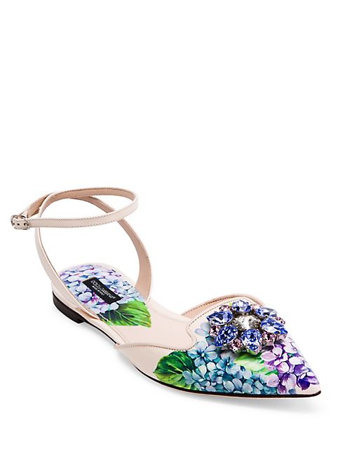 Dolce & Gabbana - Crystal-Embellished Hydrangea-Print Leather Ankle-Strap Flats