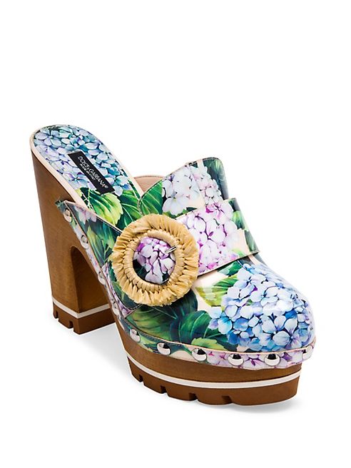 Dolce & Gabbana - Raffia-Detail Hydrangea-Print Wooden Clogs