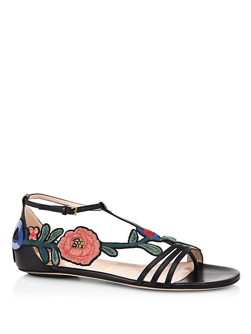 Gucci - Ophelia Floral-Embroidered Flat Sandals