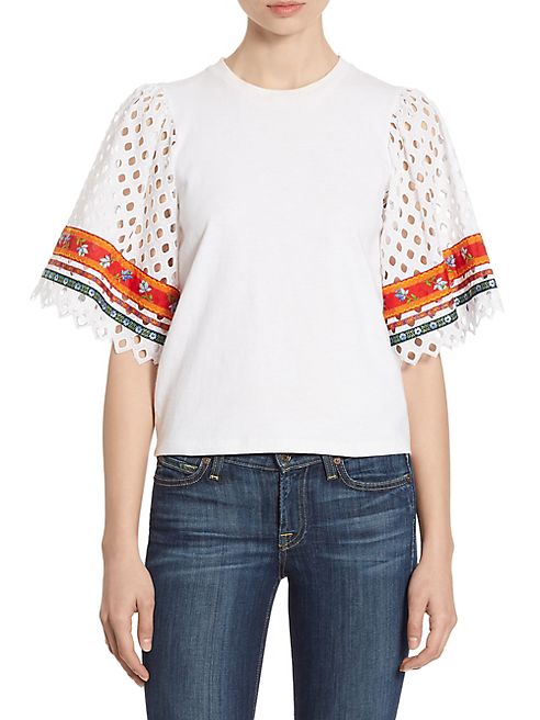 Tory Burch - Jillian Embroidered Eyelet-Sleeve Top