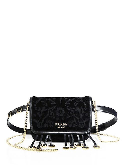 Prada - Floral-Embroidered Velvet Belt Bag