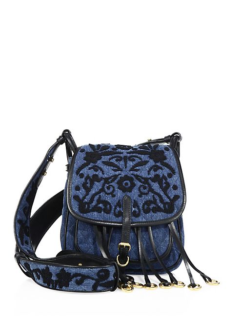 Prada - Bandoliera Floral-Embroidered Denim Shoulder Bag