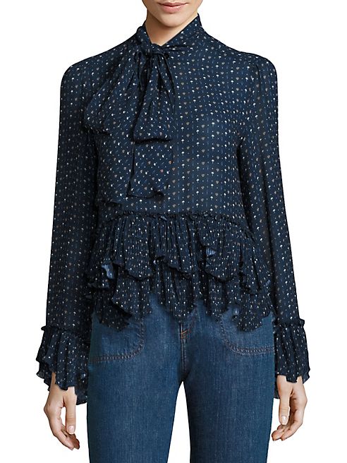 See by Chloé - Printed Tie-Neck Peplum Blouse