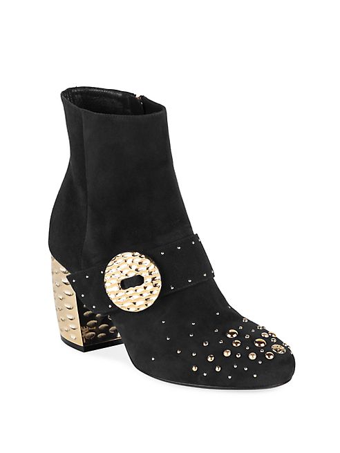 Prada - Studded Suede Metallic Banana Heel Booties