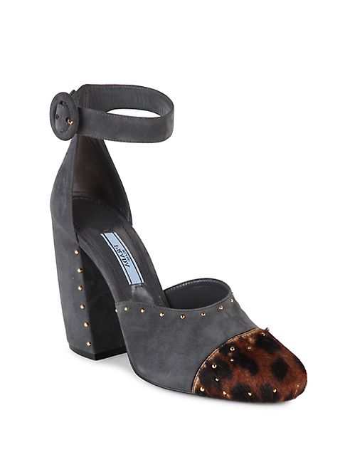 Prada - Studded Suede & Leopard-Print Calf Hair Cap Toe d'Orsay Pumps