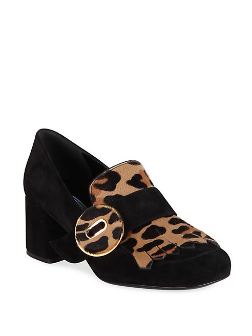 Prada - Suede & Leopard-Print Calf Hair Kiltie Pumps