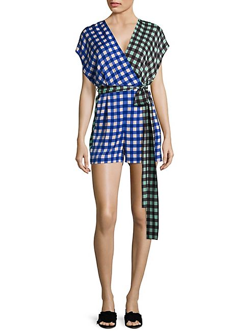 Diane von Furstenberg - Colorblock Gingham Silk Romper