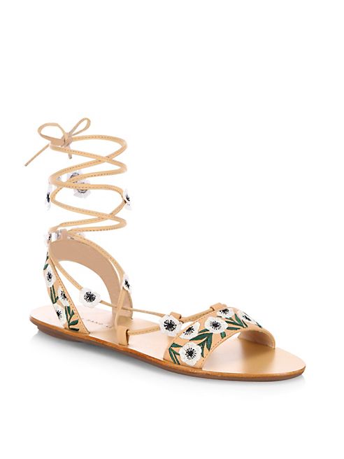 Loeffler Randall - Fleura Embroidered Vachetta Leather Ghillie Sandals