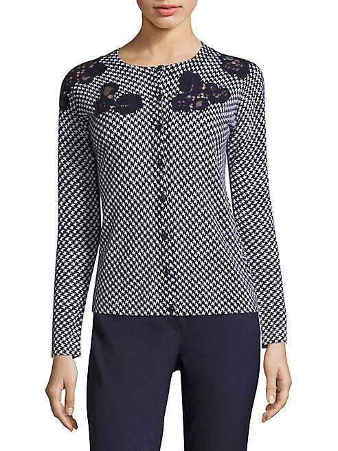 Escada - Lace-Detail Houndstooth Virgin Wool Cardigan