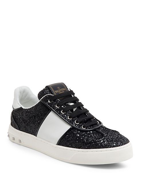 Valentino - Fly Crew Glitter & Leather Sneakers