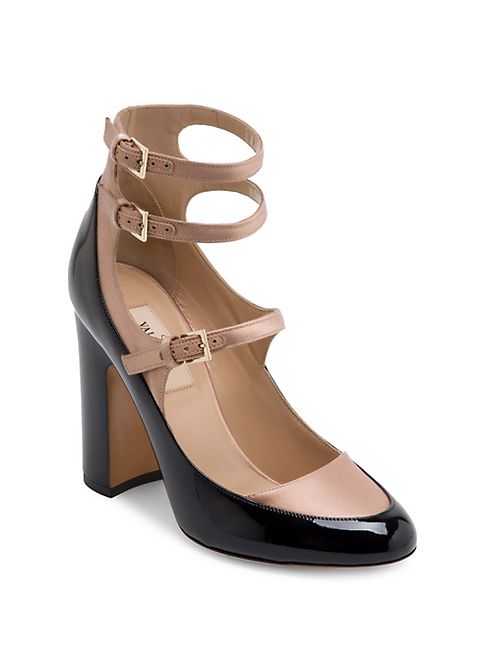 Valentino - Multi-Strap Patent Leather & Satin Block Heel Pumps