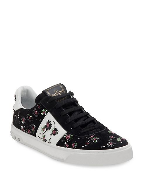 Valentino - Fly Crew Beaded Suede & Leather Sneakers