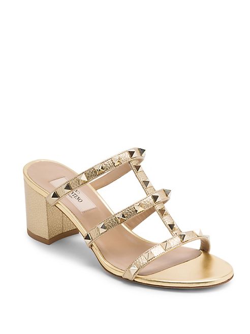 Valentino - Rockstud Metallic Leather Block Heel Mules