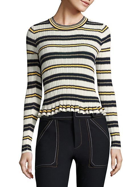 Derek Lam 10 Crosby - Ruffled Striped Rib-Knit Sweater