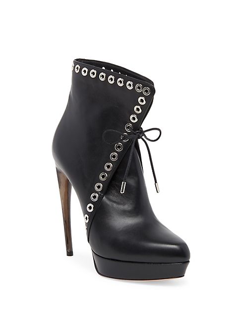 Alexander McQueen - Curved Heel Studded Leather Lace-Up Booties