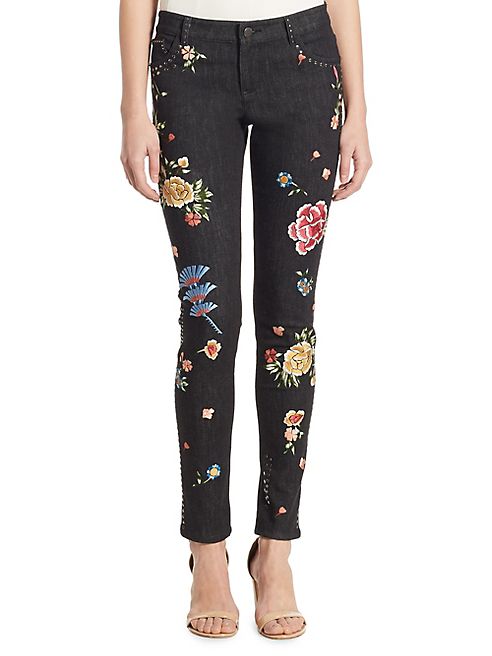 Alice + Olivia - Jane Embroidered Studded Skinny Jeans