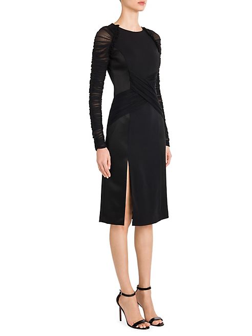 Versace - Tulle Sleeve Cross-Front Sheath Dress