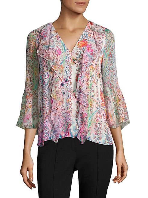 Elie Tahari - Faith Floral-Print Ruffle Silk Blouse