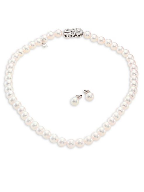 Mikimoto - Ginza Diamond, 8MM White Akoya Pearl Stud Earrings & Necklace Set