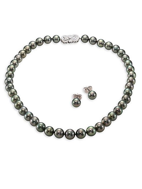 Mikimoto - Ginza Diamond, 9MM Black South Sea Pearl Stud Earrings & Necklace Set