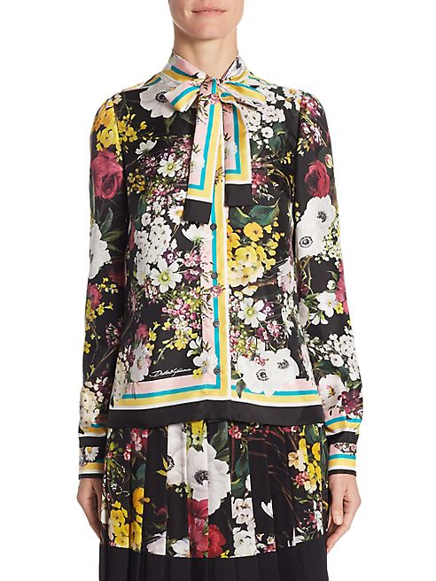 Dolce & Gabbana - Floral-Print Silk Tie-Neck Blouse