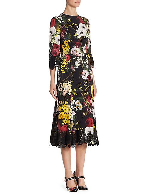 Dolce & Gabbana - Floral Print Charmeuse Dress with Lace Trim