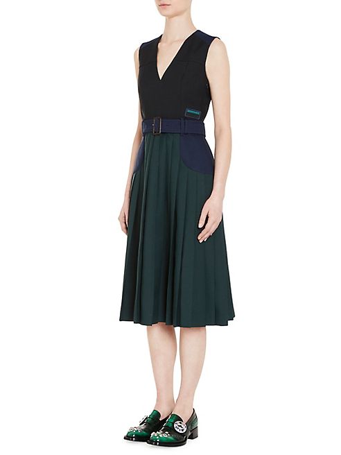 Prada - Twill Divisa Belted Colorblock V-Neck Dress