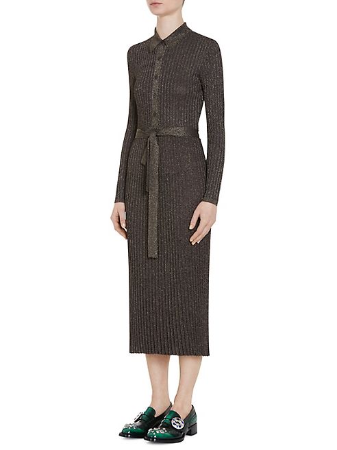 Prada - Rib-Knit Lurex Tie-Waist Shirtdress