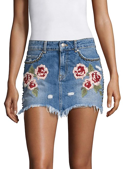 Free People - Wild Rose Embroidered Denim Mini Skirt