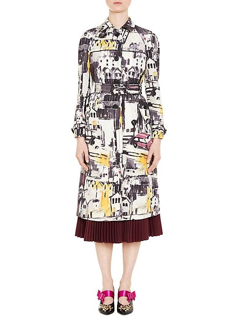 Prada - Long Belted Car-Print Silk Faille Coat