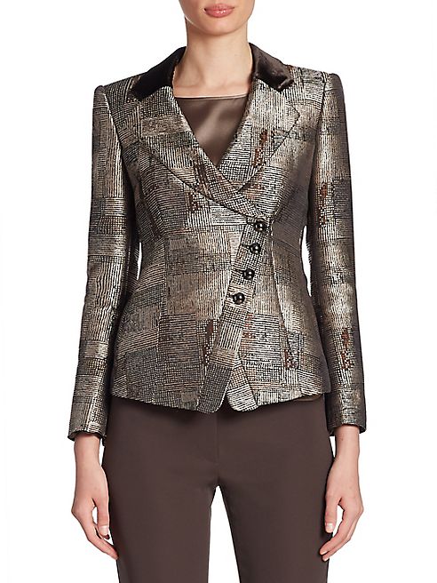 Armani Collezioni - Velvet-Trim Jacquard Asymmetrical Jacket