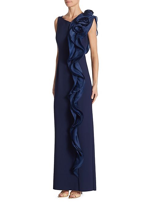 Teri Jon by Rickie Freeman - Scuba Side Ruffle Navy Dress