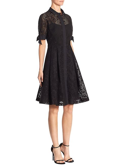 Teri Jon by Rickie Freeman - Pleated Cotton Perforated Dress