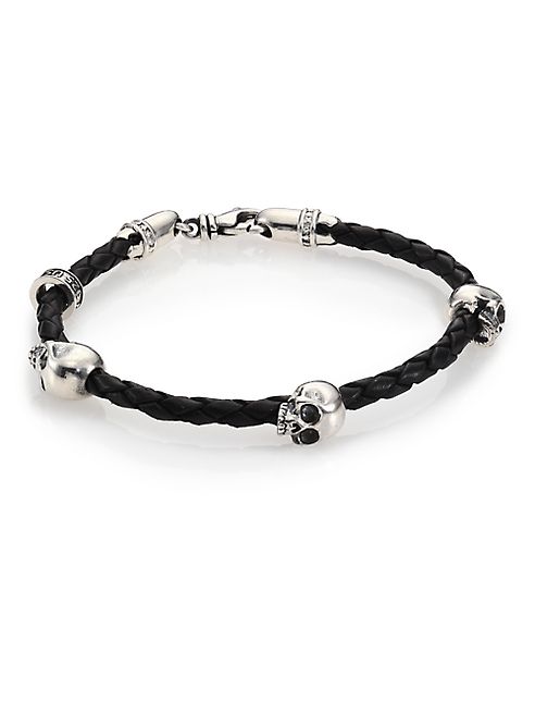 King Baby Studio - Sterling Silver & Braided Leather Three-Skull Bracelet