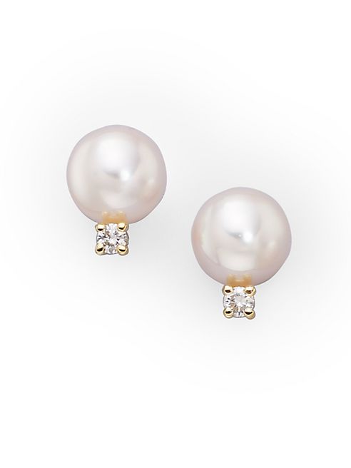 Mikimoto - 6MM White Cultured Akoya Pearl, Diamond & 18K Yellow Gold Earrings