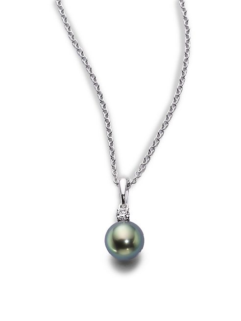 Mikimoto - 8MM Black Cultured Pearl, Diamond & 18K White Gold Necklace