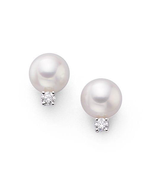 Mikimoto - 7MM White Cultured Akoya Pearl, Diamond & 18K White Gold Earrings