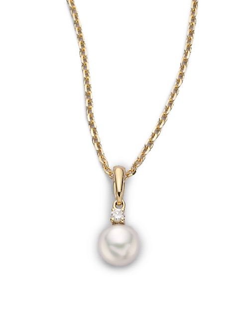 Mikimoto - 6MM White Cultured Akoya Pearl, Diamond & 18K Yellow Gold Pendant Necklace