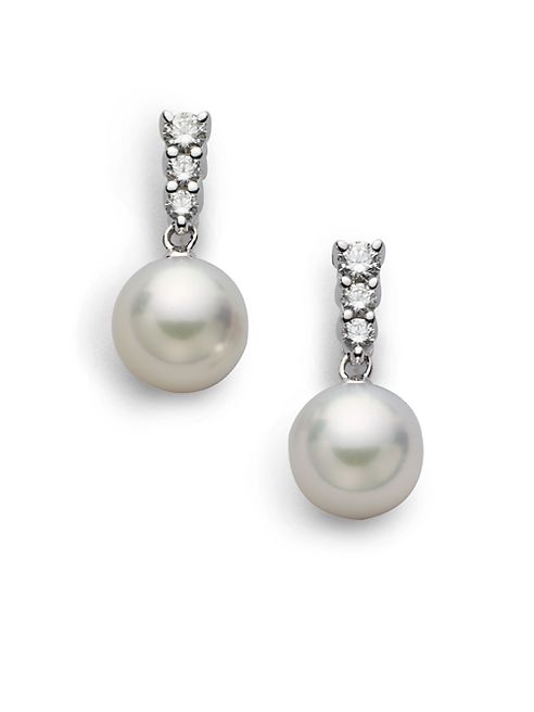 Mikimoto - Morning Dew 8MM White Cultured Akoya Pearl, Diamond & 18K White Gold Drop Earrings