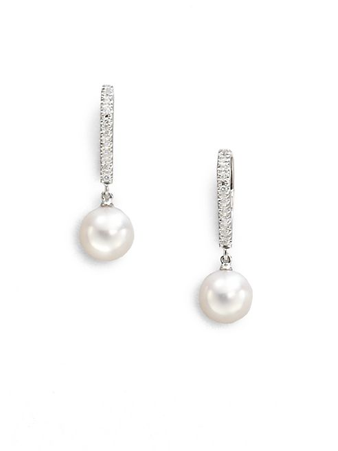 Mikimoto - 7.5MM White Cultured Akoya Pearl, Diamond & 18K White Gold Drop Earrings