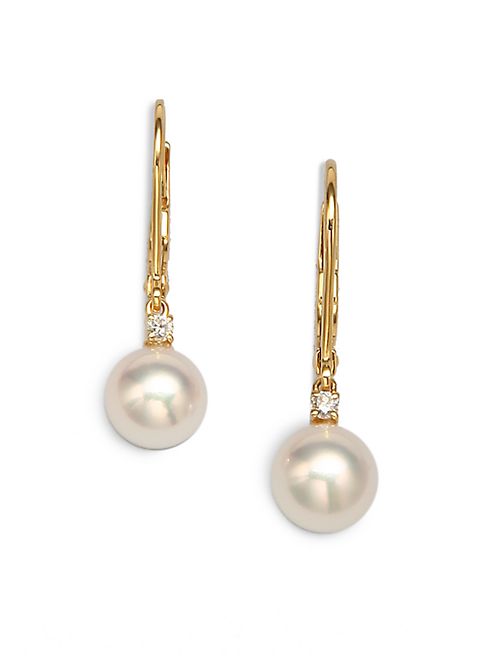 Mikimoto - 7MM White Cultured Akoya Pearl, Diamond & 18K Yellow Gold Leverback Earrings