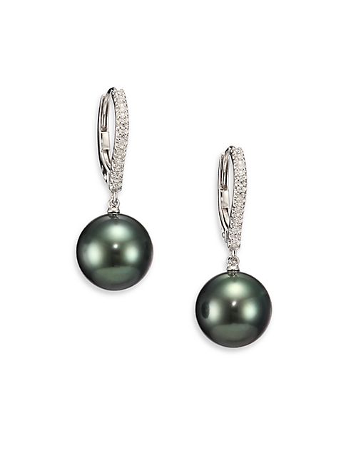 Mikimoto - 10MM Black Round Cultured South Sea Pearl, Diamond & 18K White Gold Drop Earrings