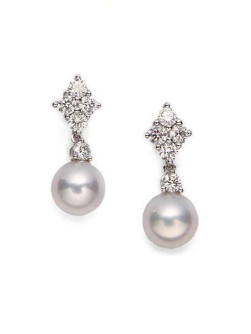 Mikimoto - 7.5MM White Cultured Akoya Pearl, Diamond & 18K White Gold Drop Earrings