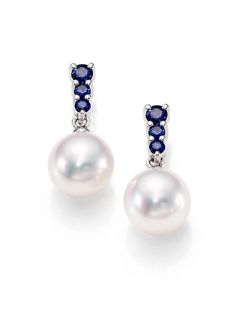 Mikimoto - Morning Dew 8MM White Cultured Akoya Pearl, Sapphire & 18K White Gold Drop Earrings