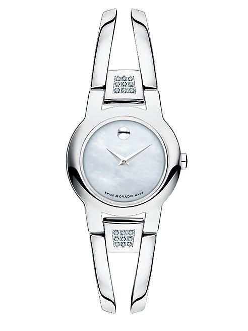 Movado - Amarosa Diamond, Mother-Of-Pearl & Stainless Steel Bangle Bracelet Watch