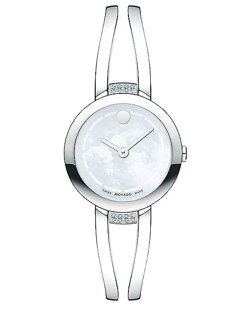 Movado - Amorosa Duo Diamond, Stainless Steel & Mother-Of-Pearl Double-Bar Bangle Bracelet Watch