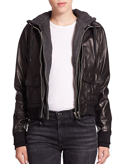 R13 - Layered Jersey-Hood Leather Bomber Jacket