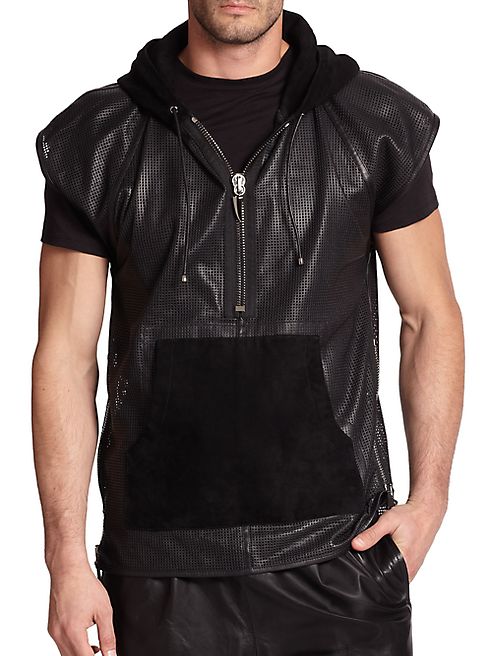 Giuseppe Zanotti - Perforated Short-Sleeve Leather Hoodie