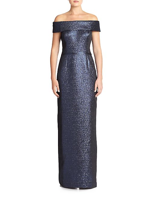 Teri Jon by Rickie Freeman - Metallic Jacquard Off-Shoulder Gown